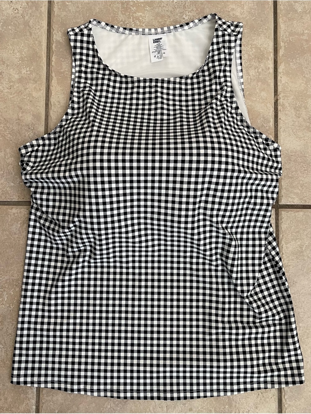 Lands' End Modest High-Neck Tankini Swim Top in Black & White Gingham, Size 18DD